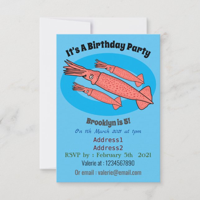 Pink happy squid cartoon illustration invitation (Front)