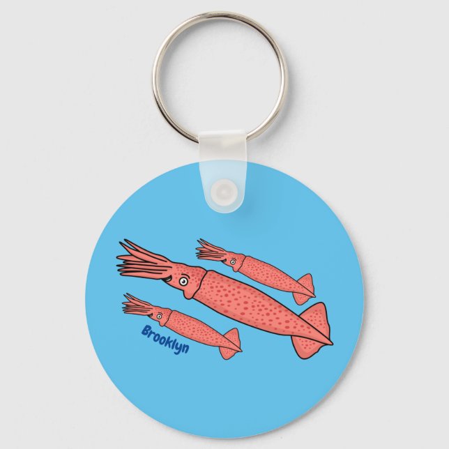 Pink happy squid cartoon illustration  key ring (Front)