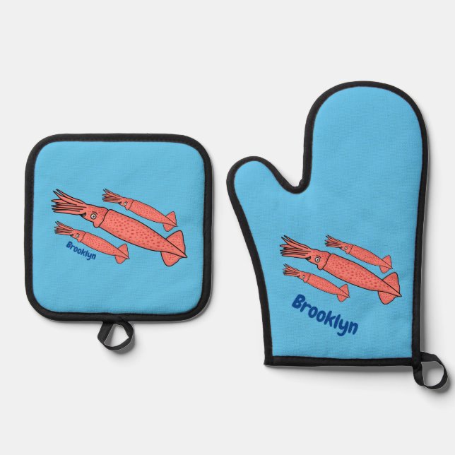 Pink happy squid cartoon illustration oven mitt & pot holder set (Front)