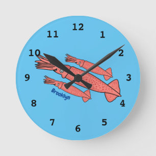Pink happy squid cartoon illustration round clock