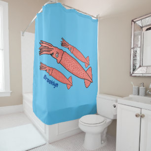 Pink happy squid cartoon illustration shower curtain