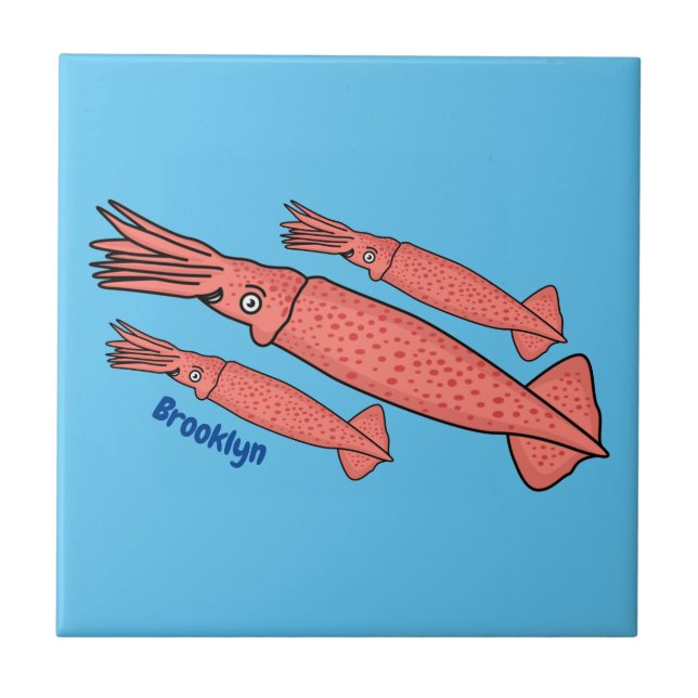 Pink happy squid cartoon illustration tile (Front)