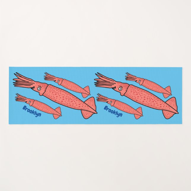Pink happy squid cartoon illustration yoga mat (Front (Horizontal))
