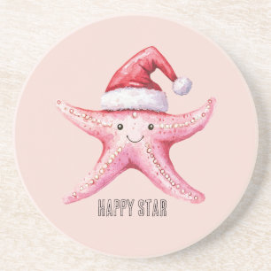 Pink Happy Starfish Santa Hat Coaster