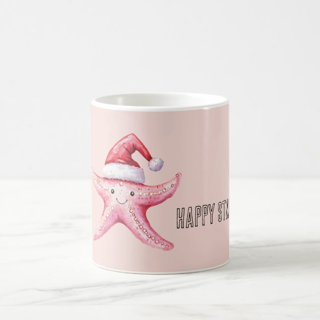Pink Happy Starfish Santa Hat Coffee Mug (Center)