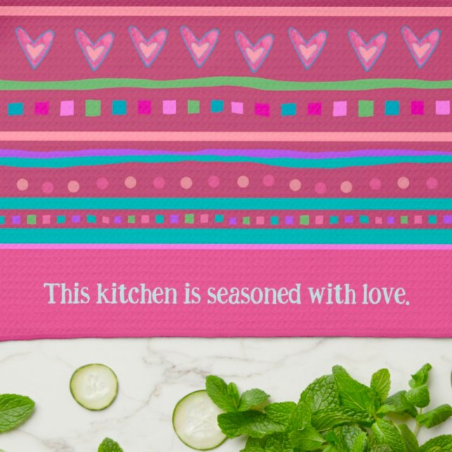 Pink Happy Trendy Stripe Hearts Custom Stylish  Tea Towel (Creator Uploaded)