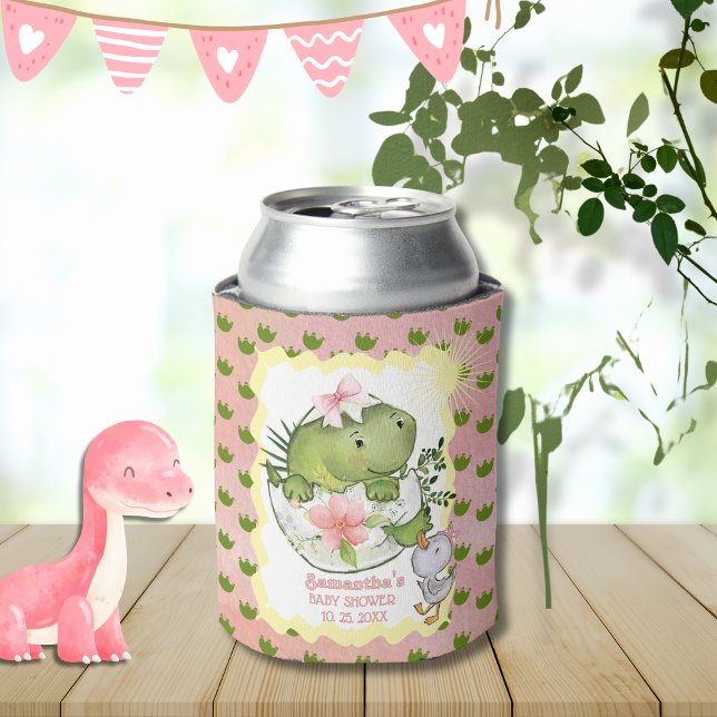 Pink Hatching Dino Baby Shower Can Cooler  (Pink Hatching Dino Baby Shower Can Cooler )