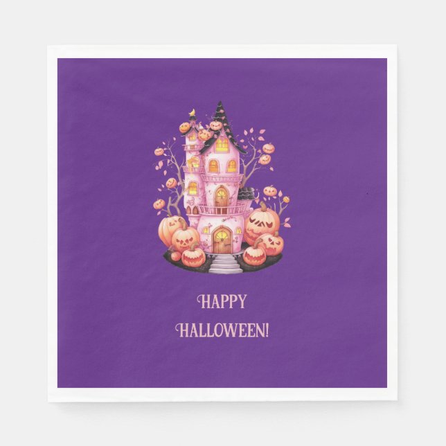 Pink Haunted Castle Halloween Party Napkin (Front)