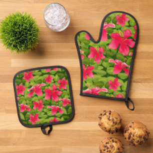 Pink Hawaiian Hibiscus Flower Pattern Oven Mitt & Pot Holder Set