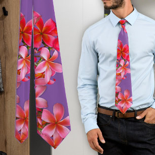 Pink Hawaiian Plumeria Tropical Flowers Purple Tie