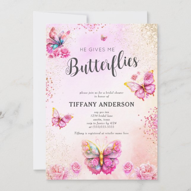 Pink He Gives Me Butterflies Bridal Shower Invitation (Front)