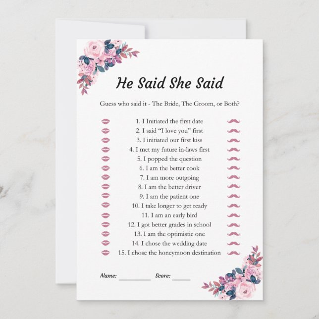 Pink He Said She Said Bridal Shower Game Cards  (Front)