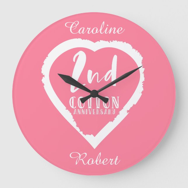 Pink Heart 2nd Cotton Wedding Anniversary Large Clock (Front)