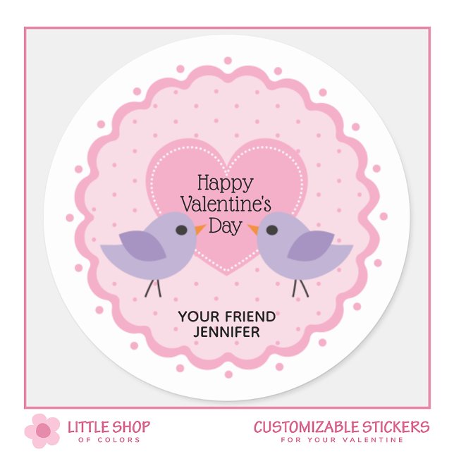 Pink Heart and Birds Valentine’s Day Classic Round Sticker (Creator Uploaded)