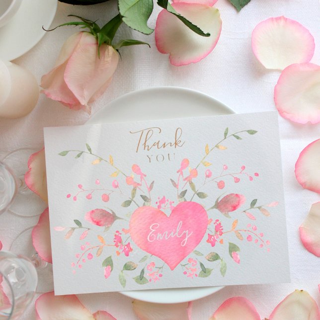 Pink Heart and Flowers Bridal Shower Thank You Card (Creator Uploaded)