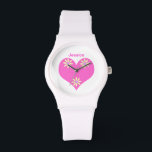 Pink Heart and Yellow Flowers Watch<br><div class="desc">Pretty white and bright pink heart with 3 yellow and purple flowers with customizable sample name for you to personalize</div>