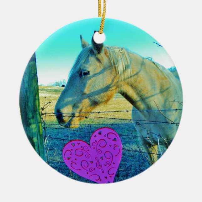 Pink Heart and Yellow Horse Ceramic Tree Decoration (Front)