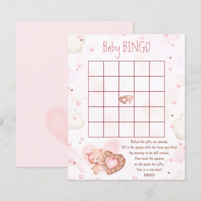 Pink Heart Baby Bingo Girl Baby Shower Game (Front/Back)