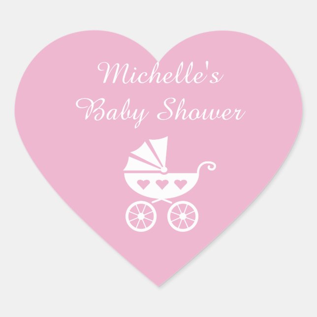 Pink heart baby shower stickers with carriage pram (Front)