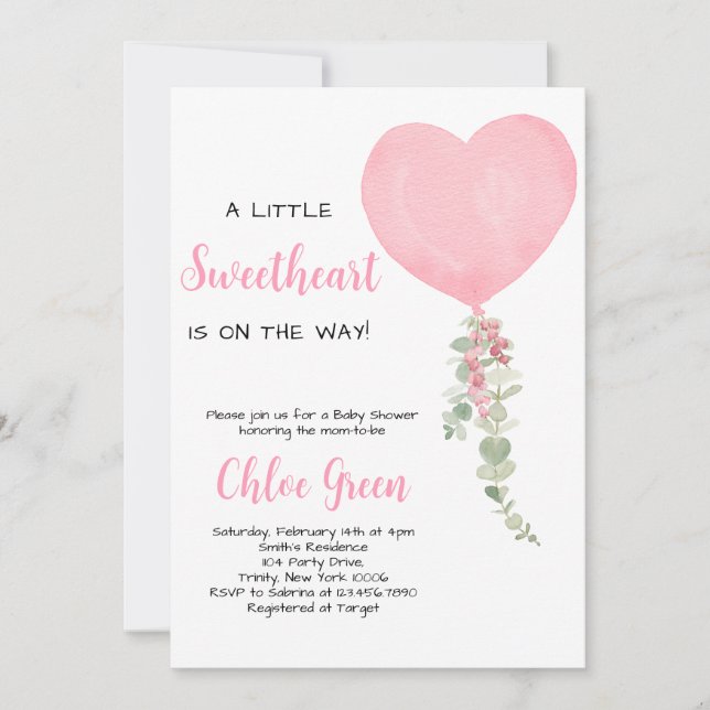 Pink Heart Balloon Baby Shower Invitation (Front)
