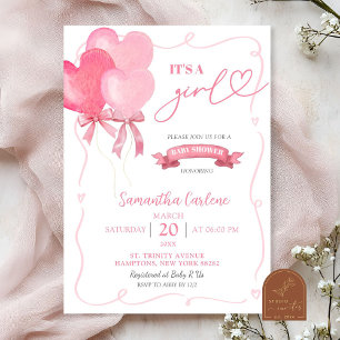 Pink Heart Balloon Baby Shower Invitation