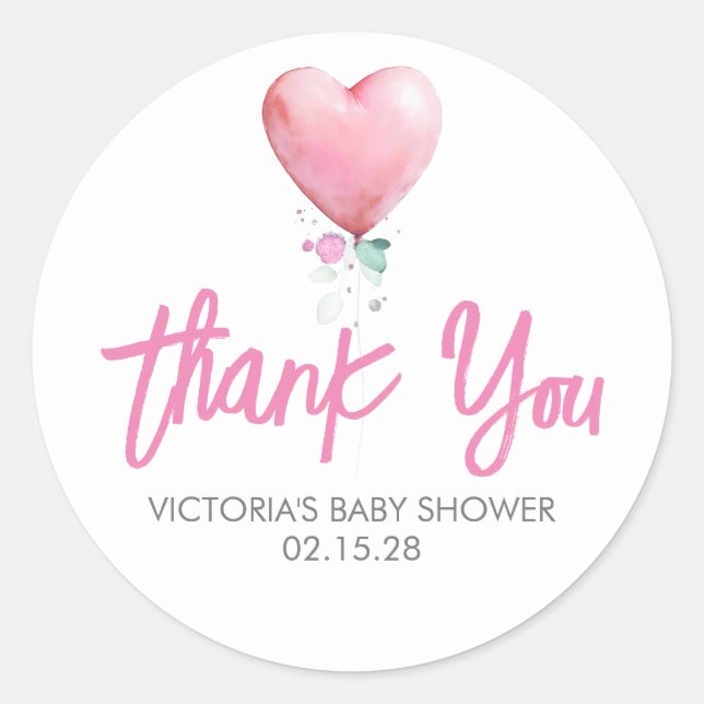 Pink Heart Balloon Baby Shower Thank You Classic Round Sticker (Front)