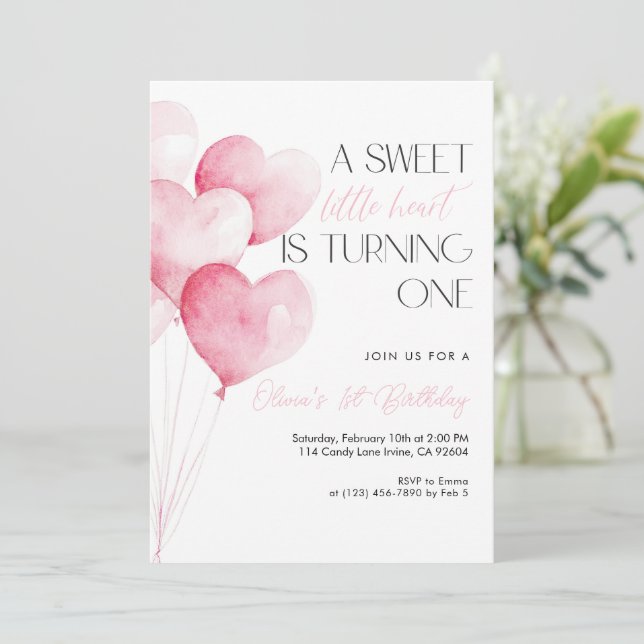 Pink Heart Balloon First Birthday Invitation (Standing Front)