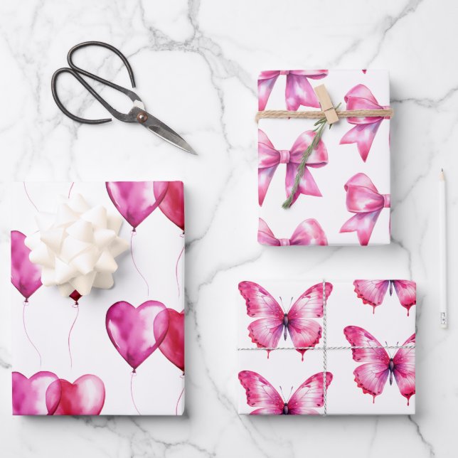 Pink Heart Balloons Birthday Wrapping Paper Sheet (Front)