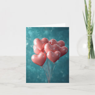 Pink Heart Balloons on Teal Valentine's Greeting Holiday Card