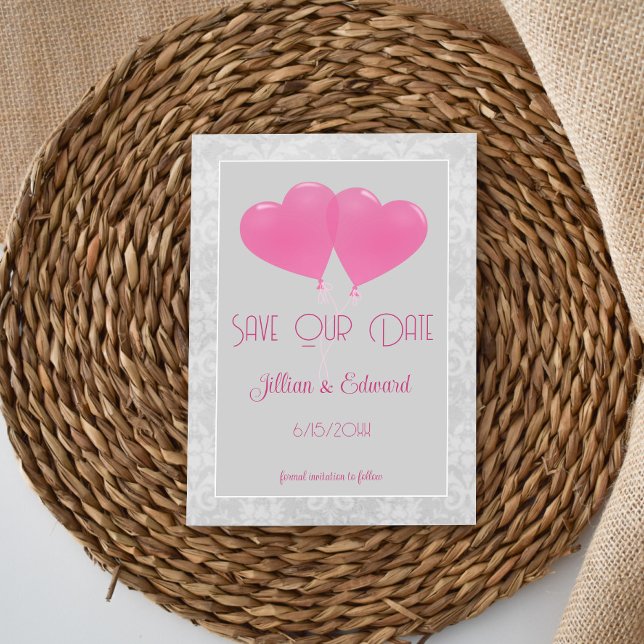 Pink Heart Balloons Save The Date Announcement (Pink Heart Balloons Save the Date )