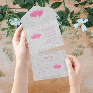 Pink Heart Balloons Wedding All In One Invitation