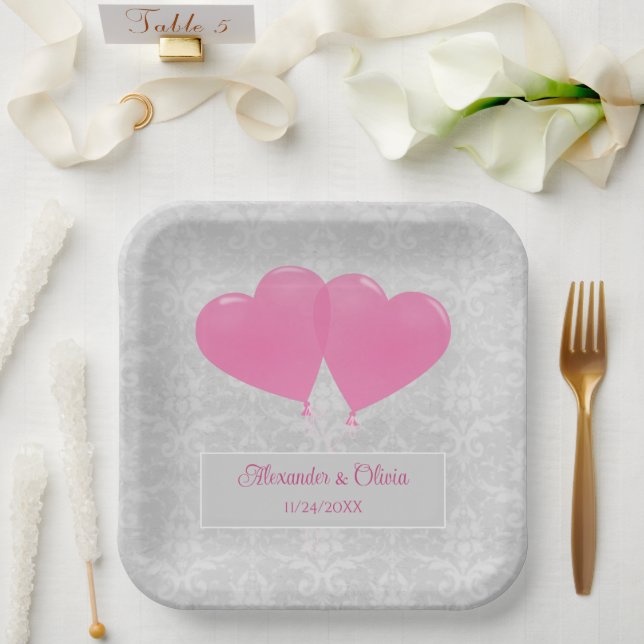 Pink Heart Balloons Wedding Shower Paper Plates (Wedding)