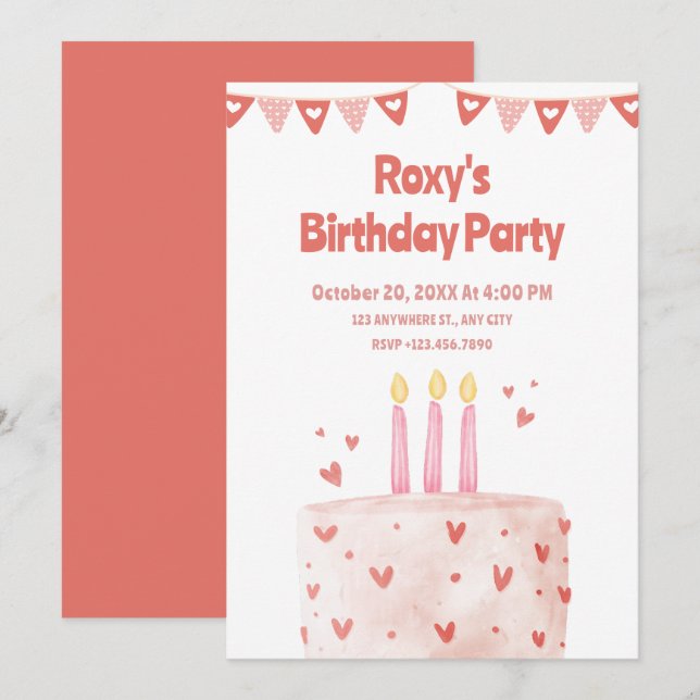 Pink heart Birthday cake  Invitation (Front/Back)