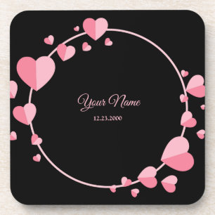 Pink Heart Black Geometric Wedding Party Elegant Coaster