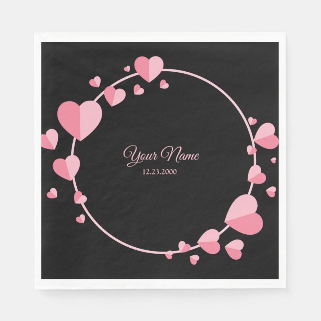 Pink Heart Black Geometric Wedding Party Elegant Napkin (Front)