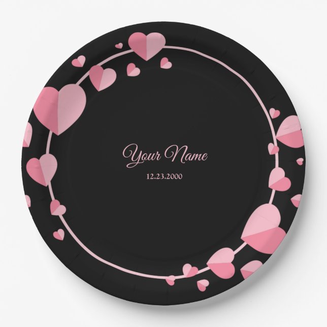 Pink Heart Black Geometric Wedding Party Elegant Paper Plate (Front)