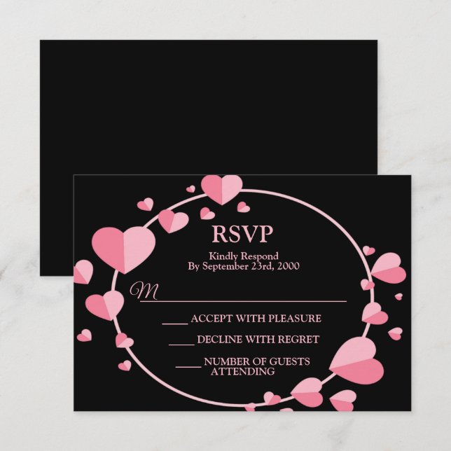 Pink Heart Black Geometric Wedding Party Elegant RSVP Card (Front/Back)