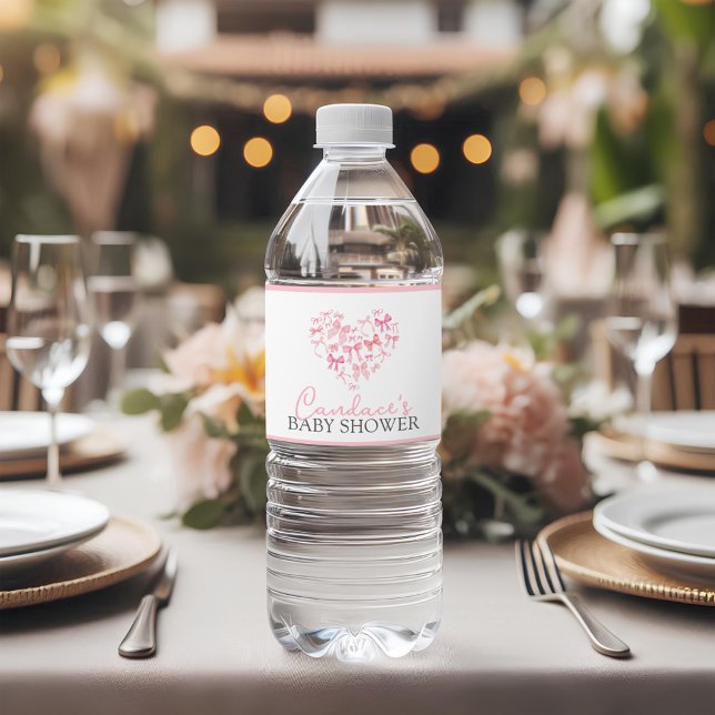 Pink Heart Bow Baby Shower thank you guest favour  Water Bottle Label (Creator Uploaded)