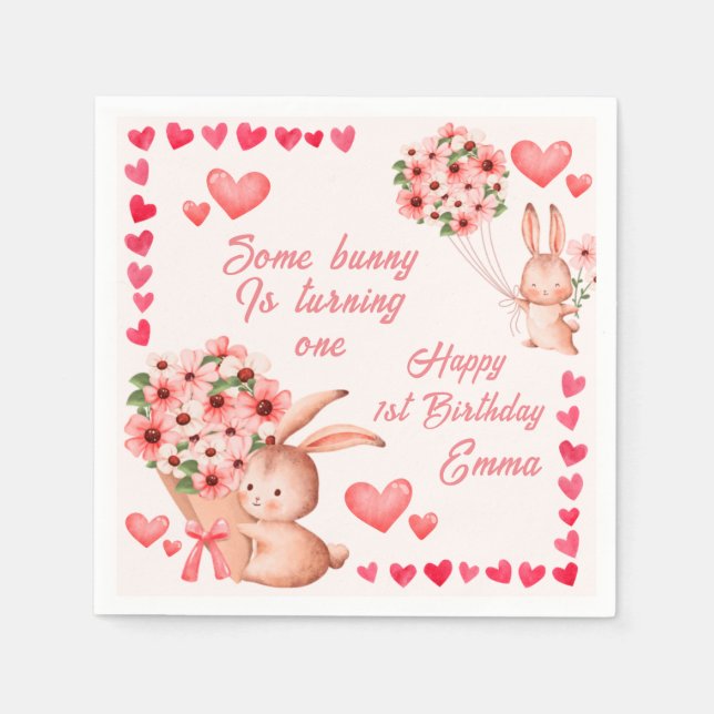 Pink Heart bunny Happy Birthday paper Napkin (Front)
