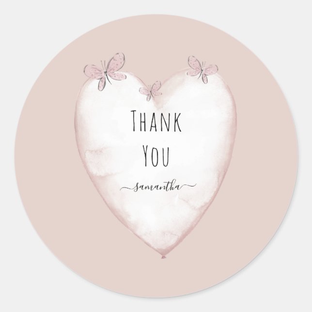 Pink Heart & Butterfly Baby Shower Thank You Classic Round Sticker (Front)