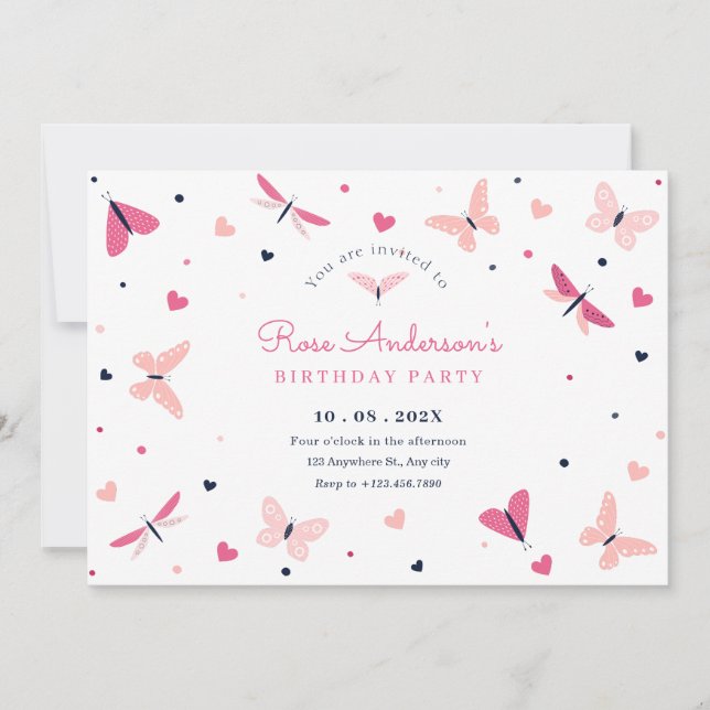 Pink heart butterfly birthday invitation (Front)