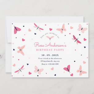 Pink heart butterfly birthday invitation