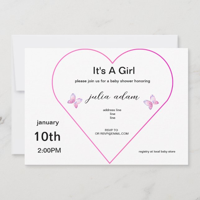 Pink Heart Butterfly girl baby shower Invitation (Front)