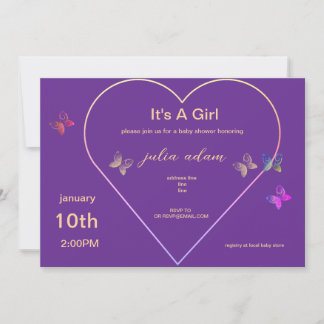 Pink Heart Butterfly girl baby shower Invitation