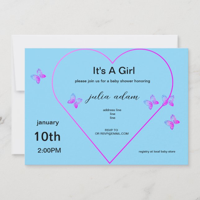 Pink Heart Butterfly girl baby shower Invitation (Front)