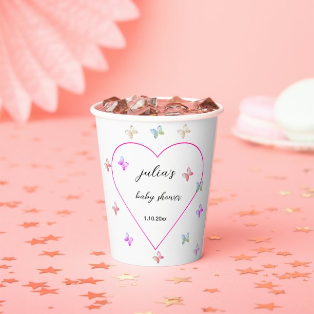Pink Heart Butterfly girl baby shower  Paper Cups (Insitu)