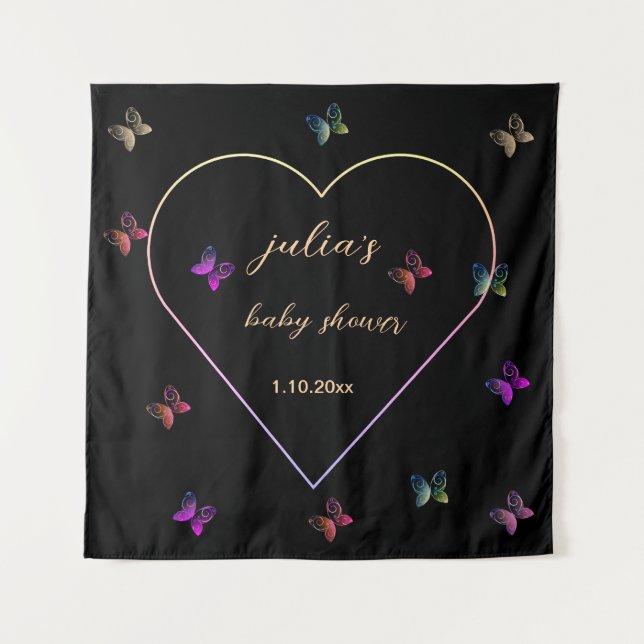 Pink Heart Butterfly girl baby shower  Tapestry (Front)