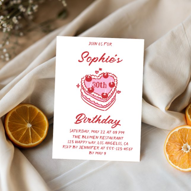 Pink Heart Cake Illustration Adult Birthday Party Invitation (Creator Uploaded)