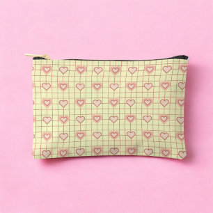 Pink Heart Chequered Pattern Valentine's Day Accessory Pouch