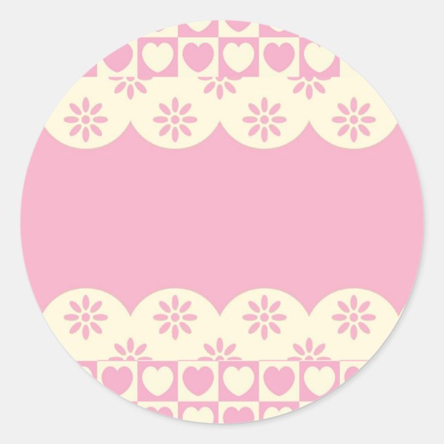 Pink Heart Chequered Round Sticker (Front)